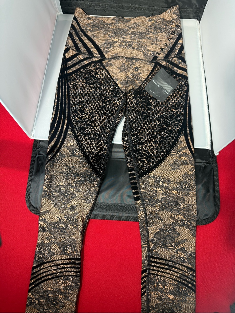 Savage X Fenty Black and Beige Patterned Lace Leggings